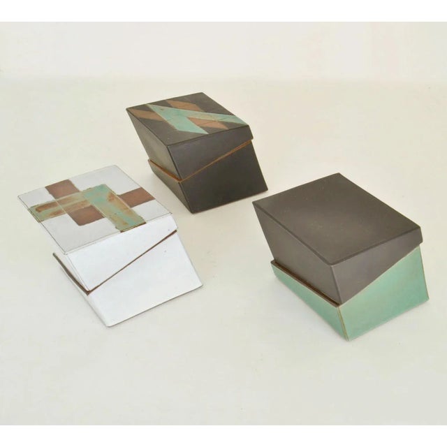 Ceramic Sage Green, Black & White Studio Pottery Boxes, Set of 3 For Sale - Image 7 of 11