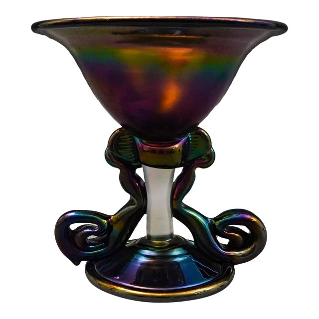 Kim Newcomb 1973 Signed Iridescent Art Glass Vase Pedestal Bowl Compote For Sale