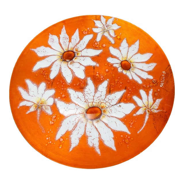 Sasha Brastoff California Mid-Century Modern Floral Daisies Enamel on Copper Hanging Plate For Sale