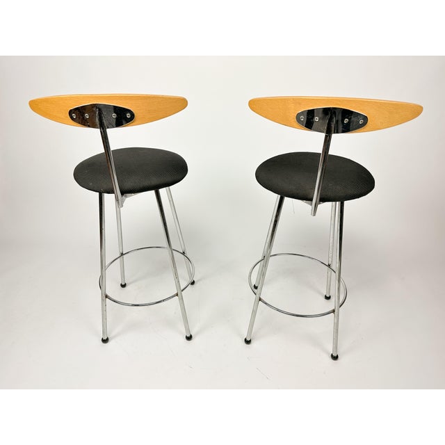 A matching pair of vintage Effezeta Italian design bar stools / chairs having shaped beech backrests with circular padded...