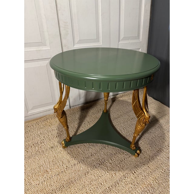 Traditional Late 20th Century Green Painted Wood and Gilt Bronze Gueridon Table With Swan Motif Legs For Sale - Image 3 of 11