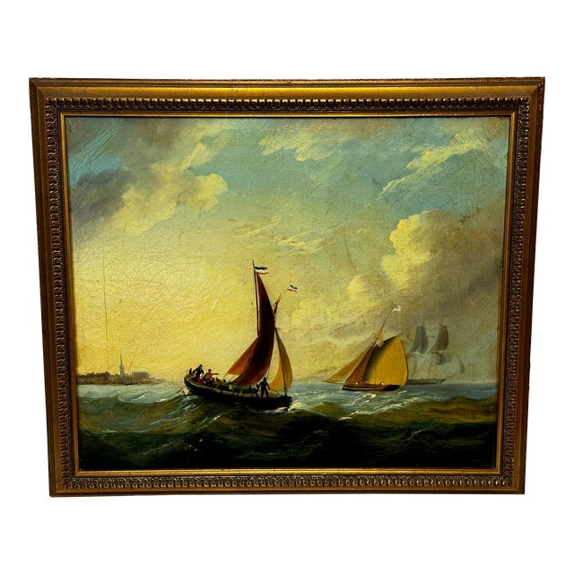 Nautical Georgian Seascape Oil Painting French Fishing Boat Heading Out Brisk Winds For Sale