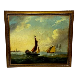 Nautical Georgian Seascape Oil Painting French Fishing Boat Heading Out Brisk Winds