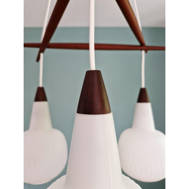 Wood Scandinavian Chandelier in Teak and White Opaline Glass, 1960s For Sale - Image 7 of 18