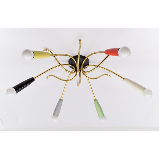 Mid-century modern multicolored 6-armed brass sputnik lamp, 1950s with nice original midcentury patina. Little since of...