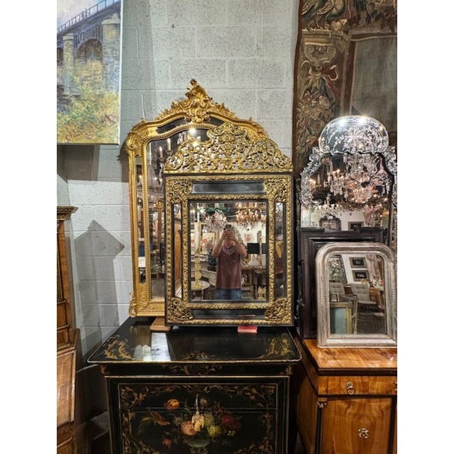 19th Century Dutch Ebony and Brass Repousse' Cushion Mirror For Sale - Image 4 of 8