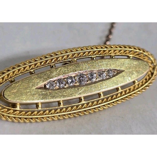 Metal Antique Victorian Etruscan 15ct Gold Seven-Stone Mine Cut Diamond Bar Brooch For Sale - Image 7 of 15