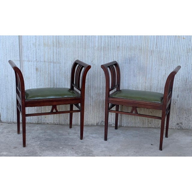 Art Deco Mid 20th Century Set of Four Art Deco Stools in Walnut with Arms and Seat Leather For Sale - Image 3 of 18