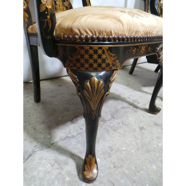 Black Rococo Style Oriental Painted Arm Chairs For Sale - Image 8 of 12