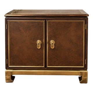 1970s Baker Hollywood Regency Asian Modern Faux Leather & Brass Cabinet For Sale