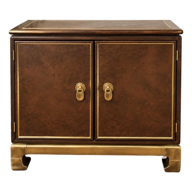 1970s Baker Hollywood Regency Asian Modern Faux Leather & Brass Cabinet For Sale