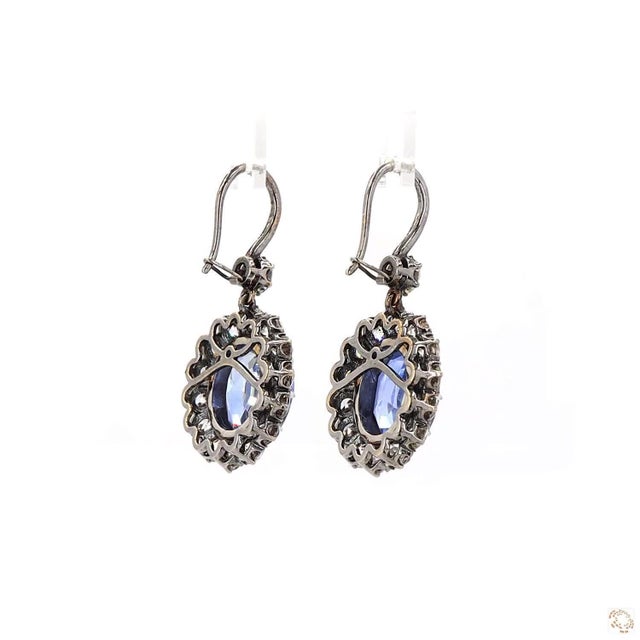 Metal 4.47 Carat Round Brilliant Cut Diamond Blue Sapphire Gold Earrings, Pair For Sale - Image 7 of 9