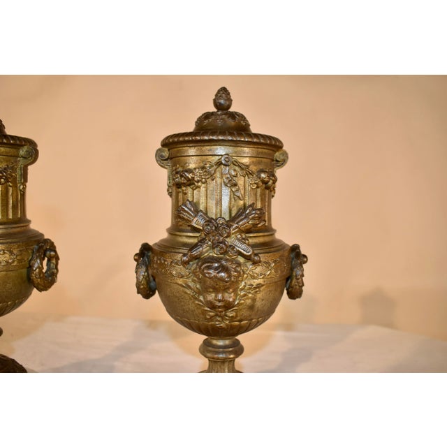 Gold Pair of 19th Century French Mantle Urns For Sale - Image 8 of 12