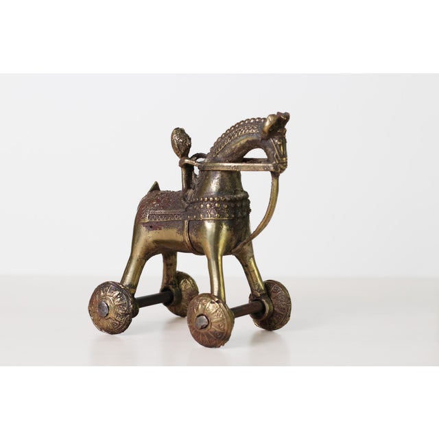 1900 - 1909 Antique Indian Brass Temple Horse on Wheels With Rider For Sale - Image 5 of 15