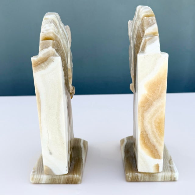 Mid 20th Century Mid-Century Modern Hand-Carved Banded Onyx Marble Horse Head Bookends For Sale - Image 5 of 6