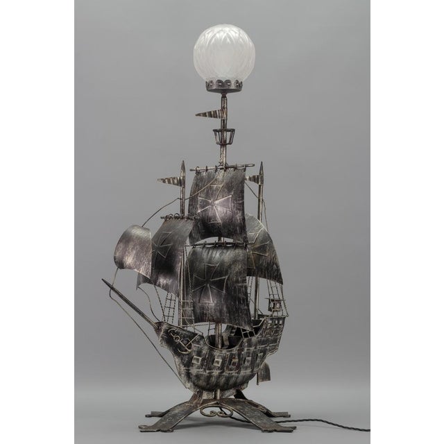 Spanish Wrought Iron and Glass Galleon Sailing Ship Shaped Floor Lamp, 1950s For Sale - Image 17 of 18