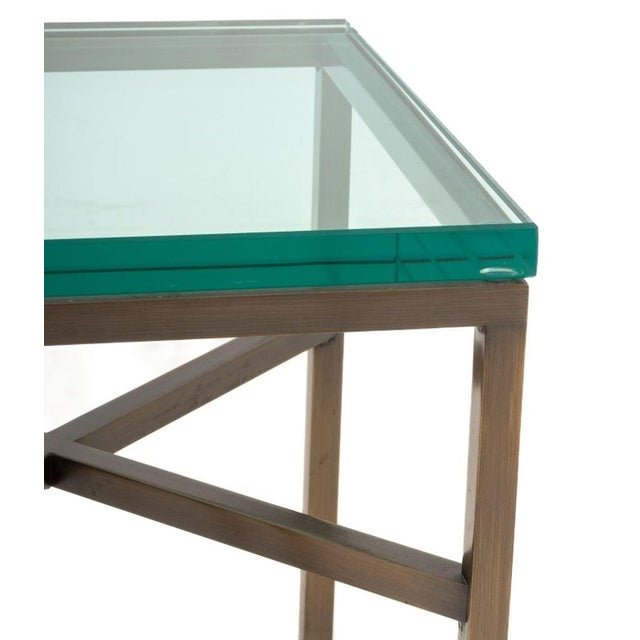 Pair of Glass-Topped Metal Side Tables, each with four legs conjoined by x-form stretcher. 20" H x 15" W x 15" D....