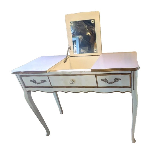 1970s 1970's French Provincial Style 2 Tone White and Gold Vanity Desk With Hideaway Mirror For Sale - Image 5 of 8