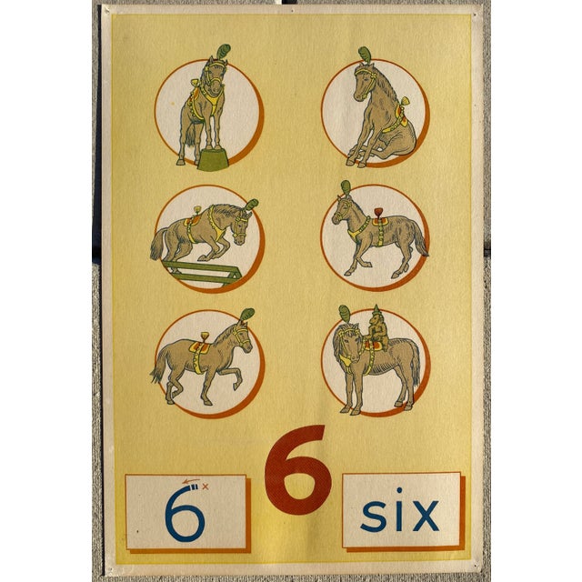 Six horses (and one monkey) 1960s screenprint counting poster, probably a classroom tool. The number in the lower middle...