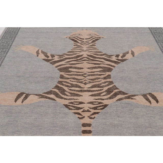Rug & Kilim Rug & Kilim’s Distressed Tiger Rug in Gray With Beige and Brown Pictorial For Sale - Image 4 of 10
