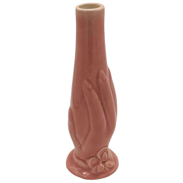 Original maroon pink colored mid-century Bud "ALC" Vase by Lorle Pottery. The vase features a beautifully detailed, pink-...