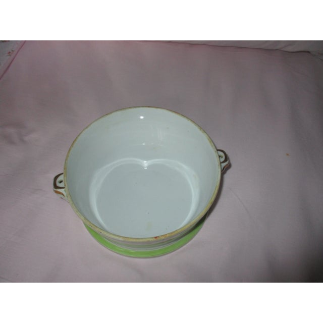 Antique French Porcelain White & Green With Flowers & Pan Face Handles Bowl For Sale - Image 11 of 13