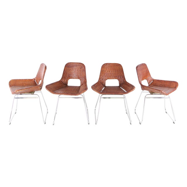 Rattan and Chrome Chairs, 1990s, Set of 4 For Sale