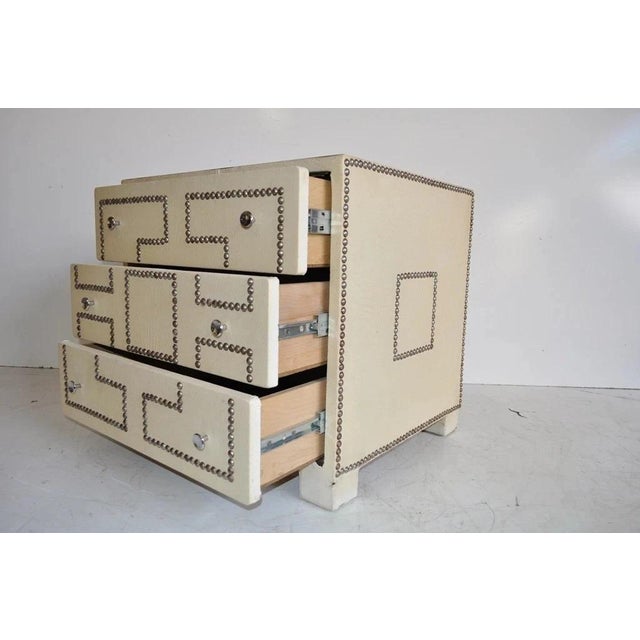 Vintage Hollywood Regency Studded Faux Leather Nightstand Table Campaign Chest For Sale - Image 4 of 11