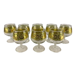 Set of 8 Culver Cocktail Glasses, Barware 22 Karat Gold Cordial Glasses
