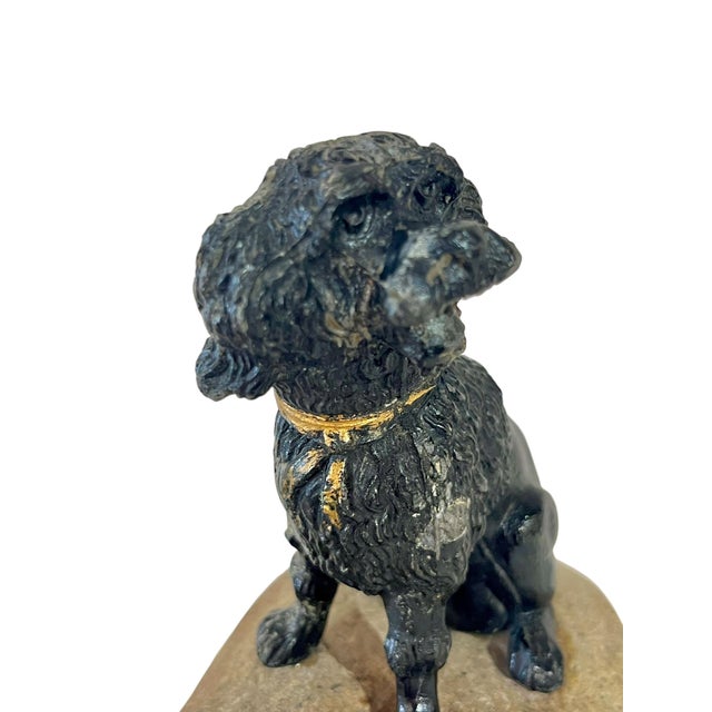 English Antique French Lead Painted Black Spaniel Dog Seated on a Rock For Sale - Image 3 of 12