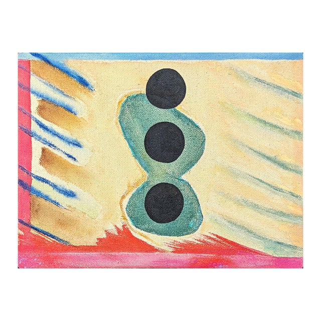 Contemporary colorful painting by Houston-based artist Jessica Simorte. The work features a central trio of three black...