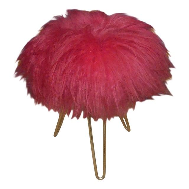 Red Long-Hair Flokati Fur Stool with Brass Hairpin Legs, 1950s For Sale