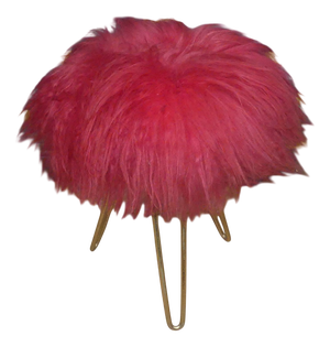 Red Long-Hair Flokati Fur Stool with Brass Hairpin Legs, 1950s