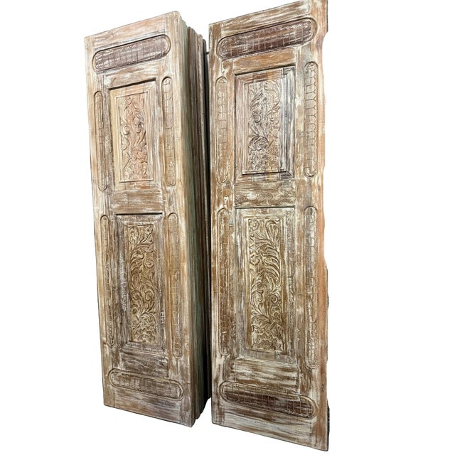 Mid-Century Modern Antique Hand-Carved Wooden Door Panel | Distressed Whitewash Floral Barn Door, Vintage Door 96x27 For Sale - Image 3 of 8