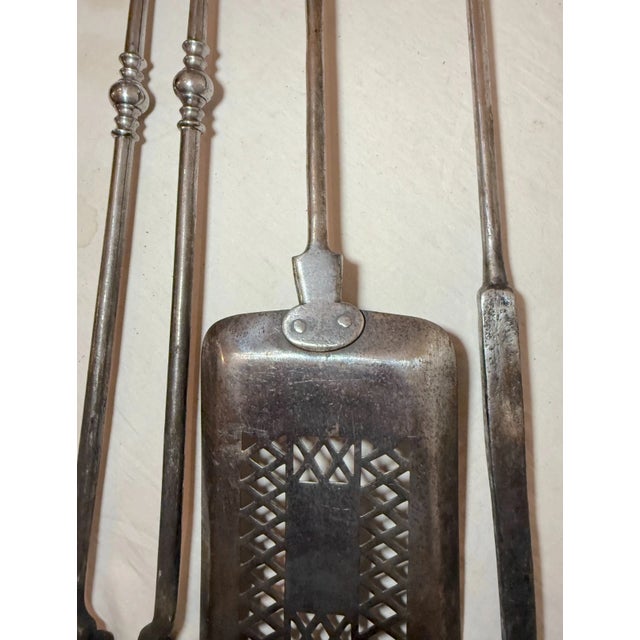 3 Huge Antique 1800s Wrought Iron Turned Brass Fireplace Tools Shovel Poker Tong For Sale - Image 11 of 13