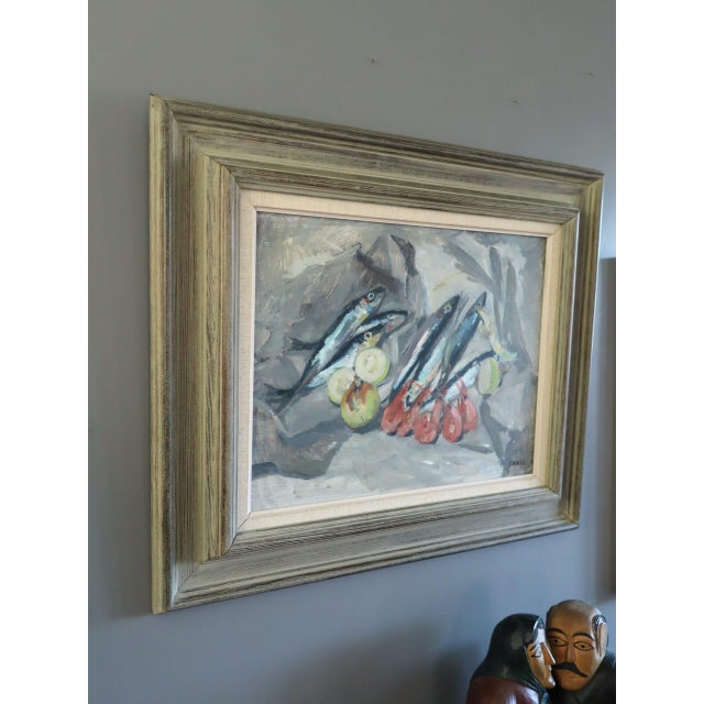 1961 Mid-Century Modern 'Still Life With Sardines' Vintage Swedish Expressive Still Life Oil Painting, Framed For Sale - Image 4 of 11