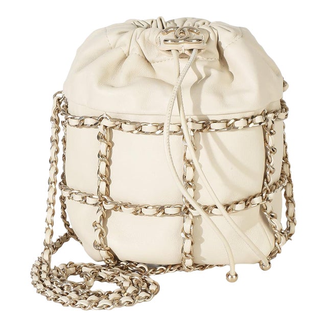 White Lambskin Chain Frame Drawstring Bucket Bag For Sale