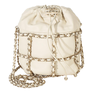 White Lambskin Chain Frame Drawstring Bucket Bag