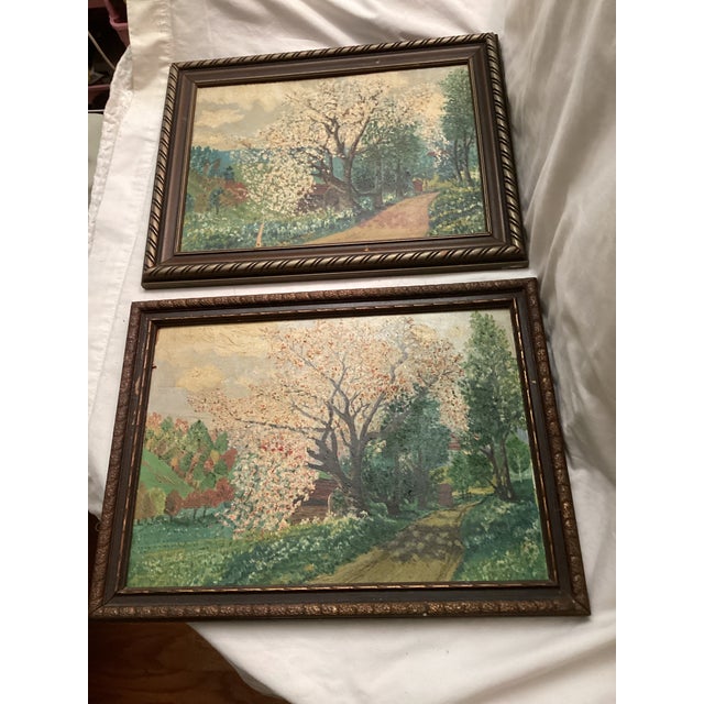 Set of Two Matching Vintage 1950s Landscape Dogwood Paintings, Framed For Sale In Dallas - Image 6 of 11