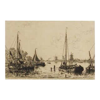 Late 19th Century Dutch Harbor Scene Etching 1877 For Sale