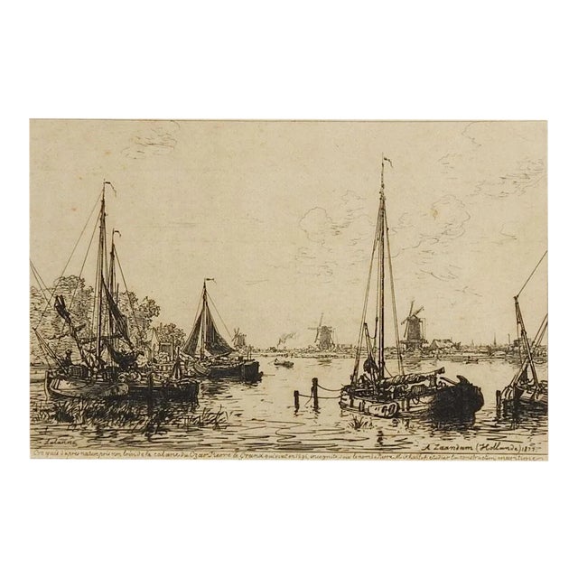 Late 19th Century Dutch Harbor Scene Etching 1877 For Sale
