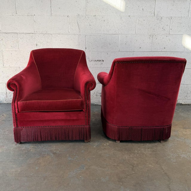 Pair of Vintage Danish Modern Art Deco Style Burgundy Mohair Velvet Club Chairs, 1940's For Sale - Image 4 of 7