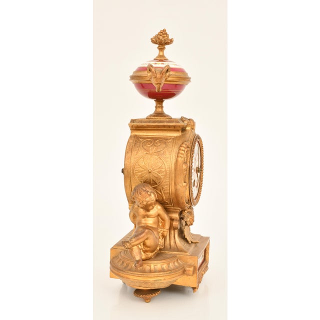 Antique French Gilt Bronze & Porcelain Three-Piece Figural Clock Garniture For Sale - Image 4 of 13