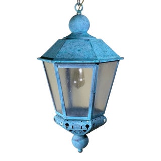 Vintage Solid Copper Verdigris Outdoor Lantern - Seedy Acrylic Panels For Sale