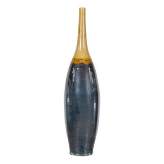 Tall Multi-Color Glazed Ceramic Vase with Tapered Neck and Dripped Rim For Sale