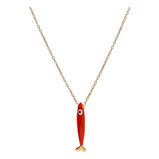 Spirit Fish Orange Enamel Gold Necklace For Sale