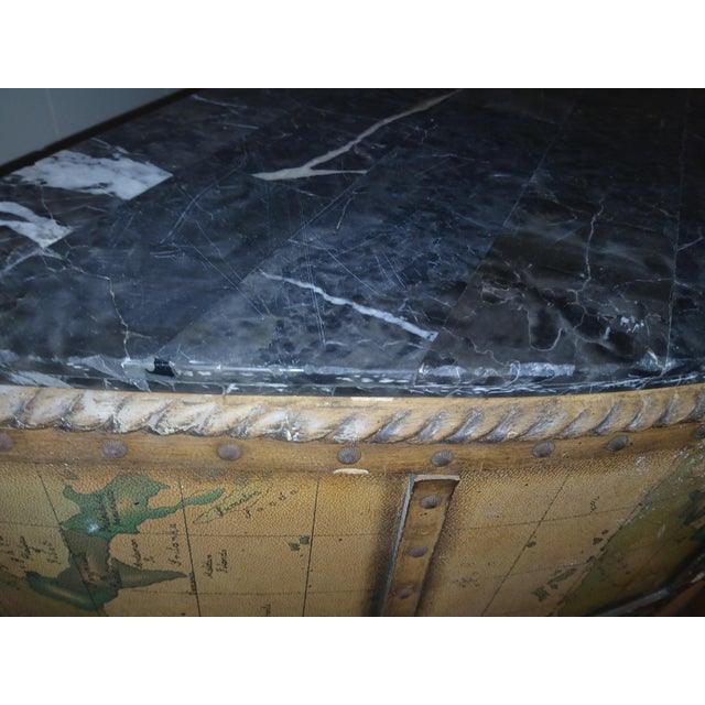 Mid-Century Modern 1950s Vintage Brass Marble Wood and Leather World Map Large Half Circle Dry Bar For Sale - Image 3 of 18