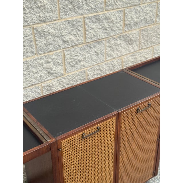 Late 20th Century Mid Century Walnut Bar Cabinet With Sliding Top Extension and Cane Doors For Sale - Image 5 of 12