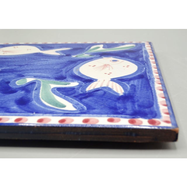 Late 20th Century Italian Ceramic Tile Trivet Hand Painted Swimming Fish For Sale - Image 4 of 9