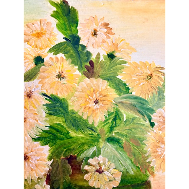 Farmhouse Mid 20th Century Original Still Life Yellow Flowers in Green Pot Oil on Canvas, Framed For Sale - Image 3 of 10